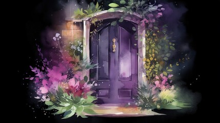  a painting of a purple door surrounded by flowers and plants.  generative ai
