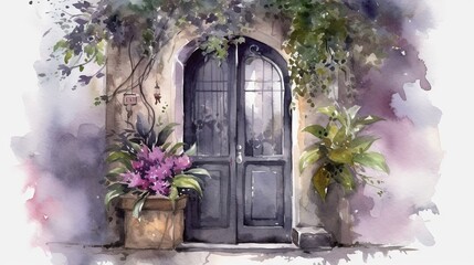  a painting of a doorway with a potted plant next to it.  generative ai