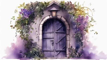  a watercolor painting of a door with vines around it.  generative ai