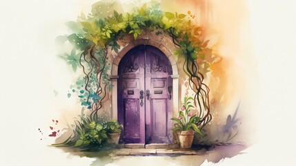  a watercolor painting of a purple door surrounded by greenery.  generative ai