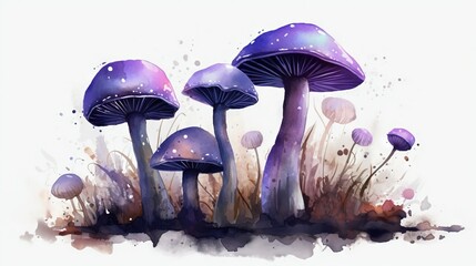  a group of purple mushrooms sitting on top of a grass covered field.  generative ai