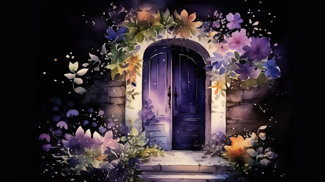  a painting of a doorway with a purple door surrounded by flowers.  generative ai