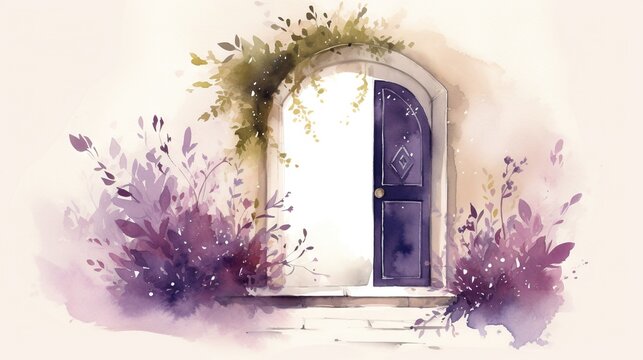  a watercolor painting of a purple door with a window frame.  generative ai