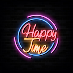Fototapeta na wymiar Happy Time Neon Signs Vector. Design Template Neon Style