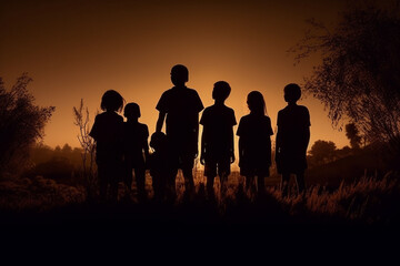 Fototapeta na wymiar Silhouette of a group of children standing in the field at sunset