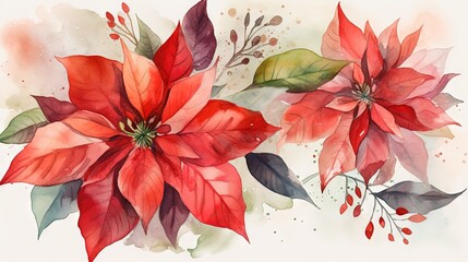  a watercolor painting of two red poinsettias.  generative ai
