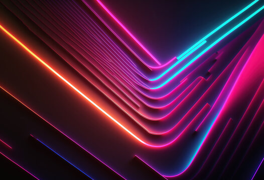 Futuristic neon lights. Cyberpunk background. Abstract laser. Bright fantastic illustration with glowing ascending pink blue shining lines.