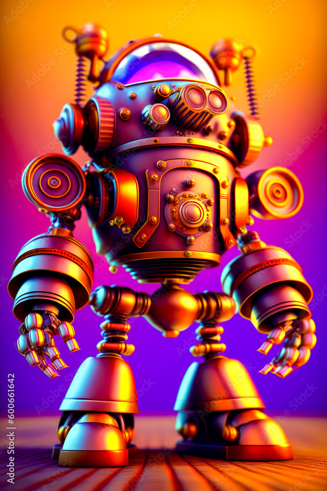 Poster robot is standing in front of purple and orange background with orange light behind it. generative a