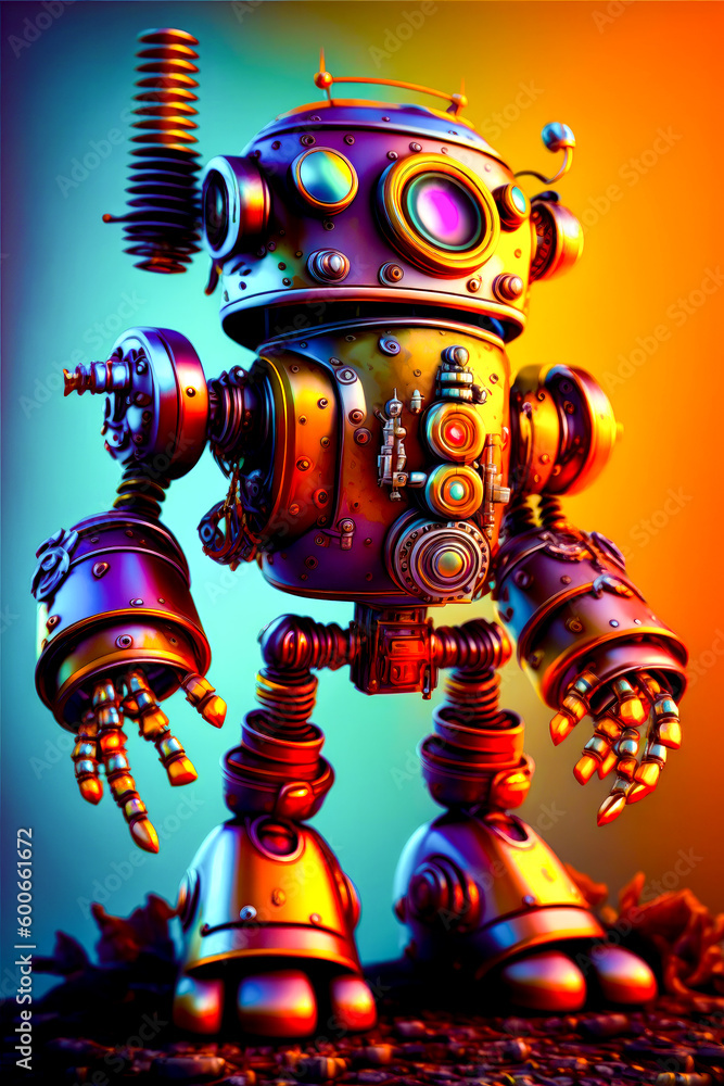 Poster robot is standing in front of orange and blue background with orange and yellow background. generati