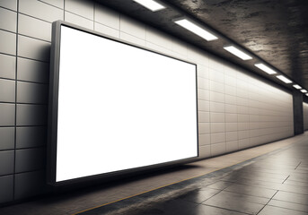 Horizontal billboard on underground wall Mockup. Hoarding advertising on train station. Generative Ai