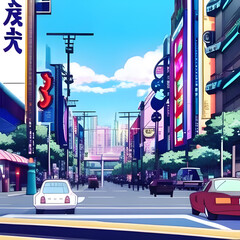Asian city, illustration in anime style