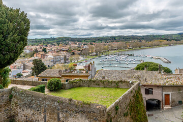 Aerial view of Capodimonte and Bolsena lake, Viterbo, Italy