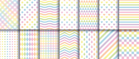 Set of 14 vector geometric seamless pattern with diagonal and stripes, zigzag,wave, line, star,heart,triangle,sqaure in ombre rainbow color. vector for print , fabric, web, card. © i_fleurs