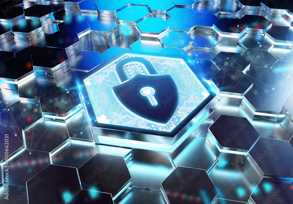 Leinwandbilder web security icon concept engraved on metal hexagonal pedestral background. padlock logo glowing on 
