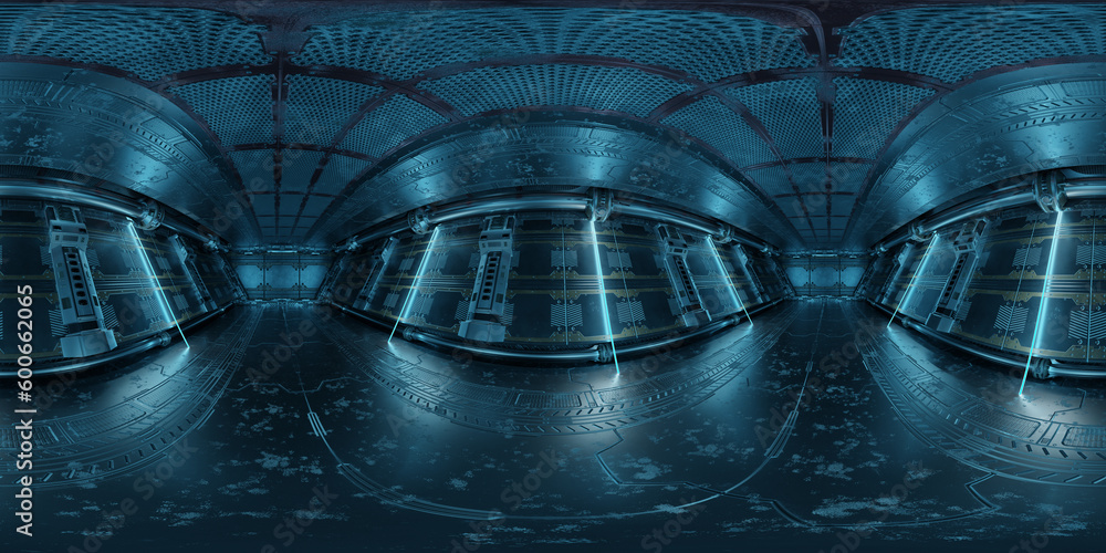 Fototapete hdri panoramic view of dark blue spaceship interior. high resolution 360 degrees panorama reflection
