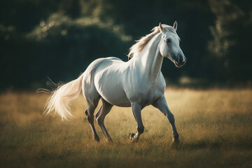 Naklejka na ściany i meble Stunning picture of a white horse in motion on grass generative AI technology