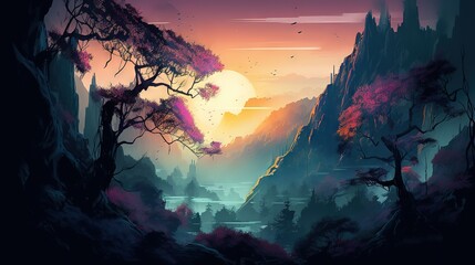  a painting of a mountain landscape with a sunset in the background.  generative ai