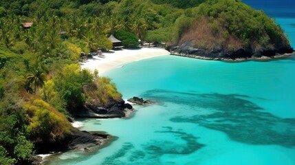 Naklejka na ściany i meble an aerial view of a tropical island with a sandy beach. generative ai