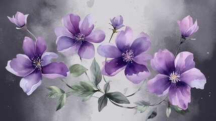  a painting of purple flowers with green leaves on a gray background.  generative ai