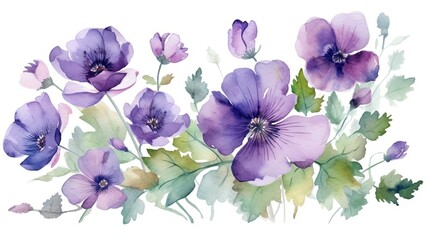 Fototapeta na wymiar a watercolor painting of purple flowers and leaves on a white background. generative ai