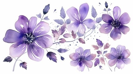 Fototapeta na wymiar a watercolor painting of purple flowers and leaves on a white background. generative ai