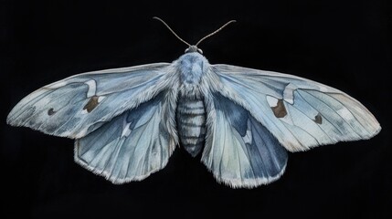  a blue and white moth on a black background with a black background.  generative ai