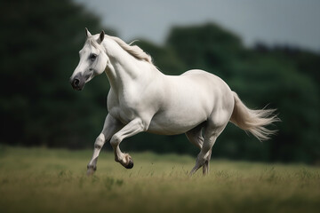 Obraz na płótnie Canvas Stunning picture of a white horse in motion on grass generative AI technology