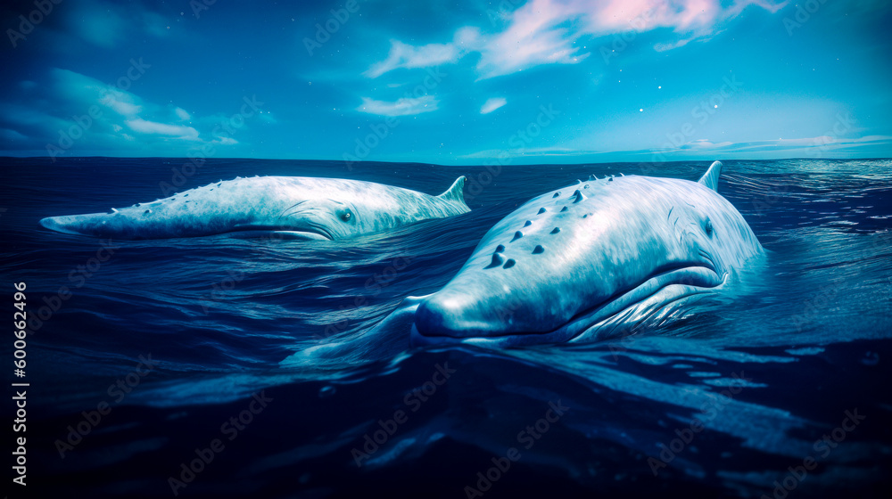 Poster whale swimming in the ocean with another whale in the water behind it. generative ai.