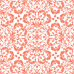 Wallpaper in the style of Baroque. Seamless vector background. White and pink floral ornament. Graphic pattern for fabric, wallpaper, packaging. Ornate Damask flower ornament