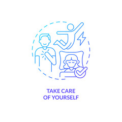 Take care of yourself blue gradient concept icon. Healthy lifestyle. Self care. Treat yourself. Reduce stress. Mental health abstract idea thin line illustration. Isolated outline drawing