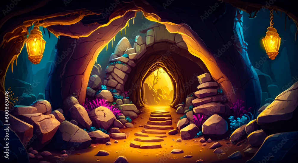 Aufkleber dark cave with light at the end of the tunnel and rocks on the ground. generative ai.