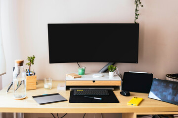 Home office desk for teleworking. Setup.