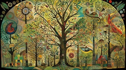 Obraz na płótnie Canvas a painting of a tree surrounded by birds and other animals. generative ai