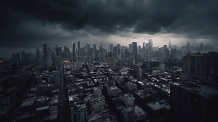  a dark cityscape with dark clouds in the sky.  generative ai