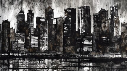  a black and white painting of a cityscape with buildings.  generative ai