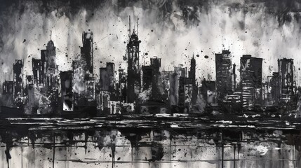  a black and white painting of a cityscape with buildings.  generative ai
