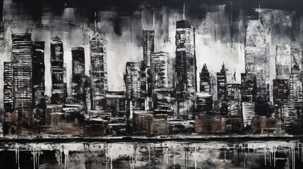  a black and white painting of a cityscape with skyscrapers.  generative ai