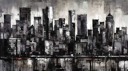  a black and white painting of a cityscape with buildings.  generative ai