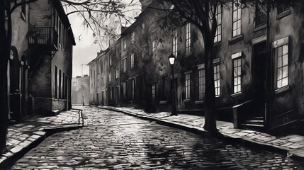  a black and white drawing of a cobblestone street.  generative ai