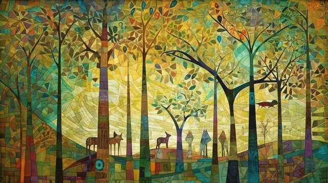  a painting of a forest with animals and trees in it.  generative ai