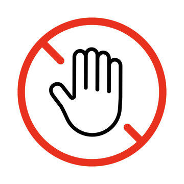 Hand stop symbol, gesture of prohibition icon. Limit sign. Gesture no. Danger to touch. Icon of palm in red restriction circle. Vector