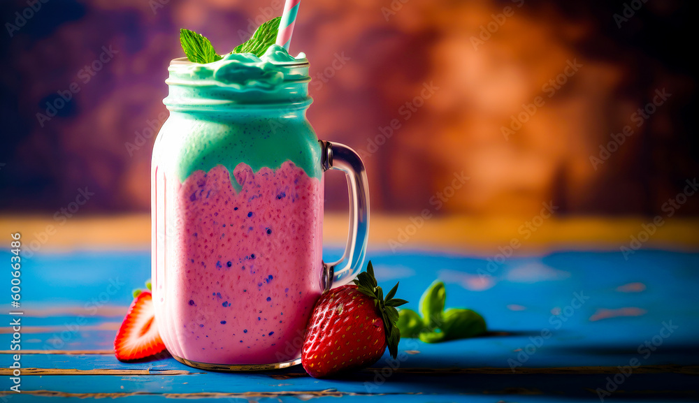 Poster smoothie in mason jar with straw and mint garnish. generative ai.