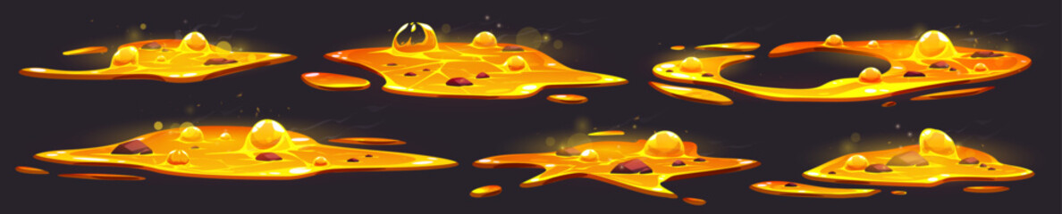 Hot liquid lava puddle fx with orange bubble 2d. Volcano liquid magma fire for game hell environment. Isolated yellow orange molten metal drip vfx cartoon icon element set. Foundry flowing steel