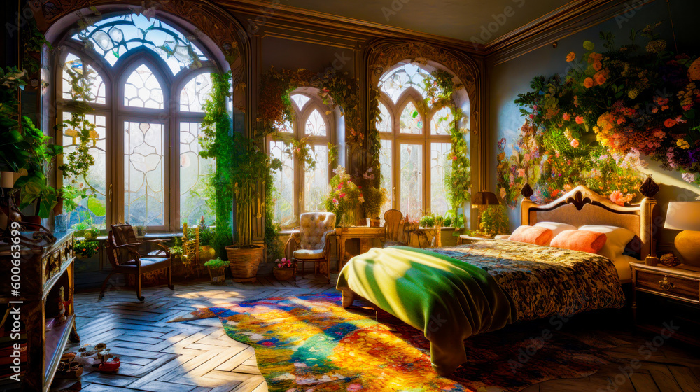 Poster bedroom with large windows and bed with colorful blanket on it. generative ai.