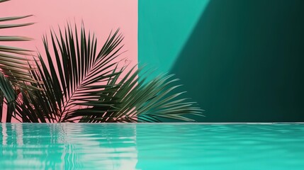 summer mood, summer vacation theme banner background, summer pool with coconut leaves, Generative Ai