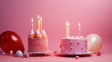  a pink cake with lit candles on a plate next to balloons.  generative ai