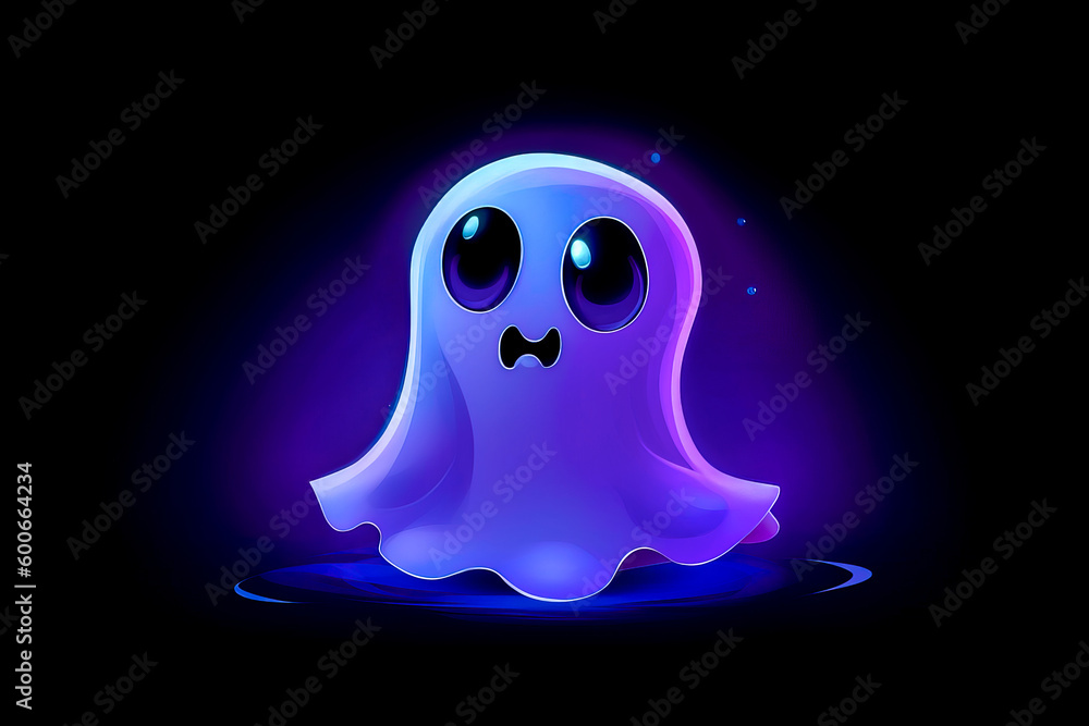 Poster ghost floating in the dark with glowing light on it's face. generative ai.