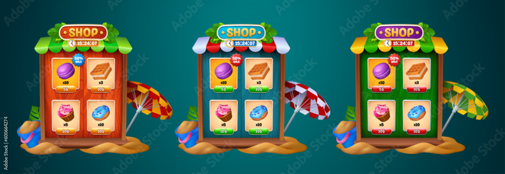 Aufkleber summer ui game shop frame button with sweets icon. mobile wood store box on sand beach gui interface