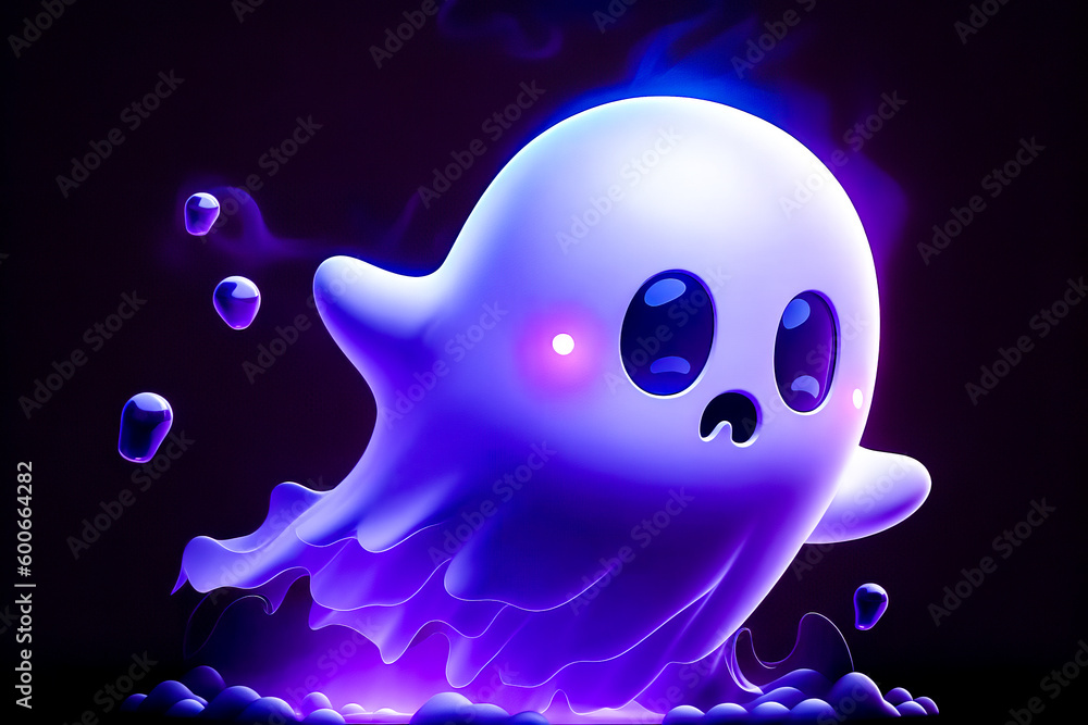 Poster white ghost floating in the air with bubbles around it's head. generative ai.