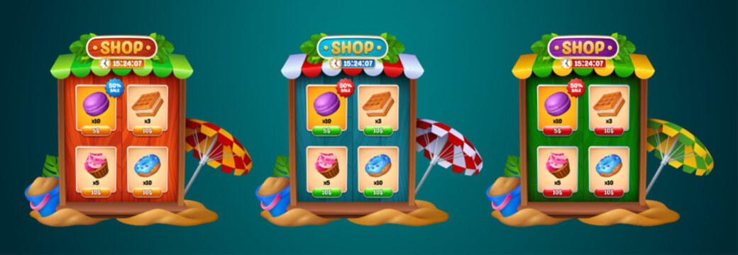 Summer ui game shop frame button with sweets icon. Mobile wood store box on sand beach gui interface set with umbrella. Tropical app menu board set with cupcake, donut and macaroon props on sale